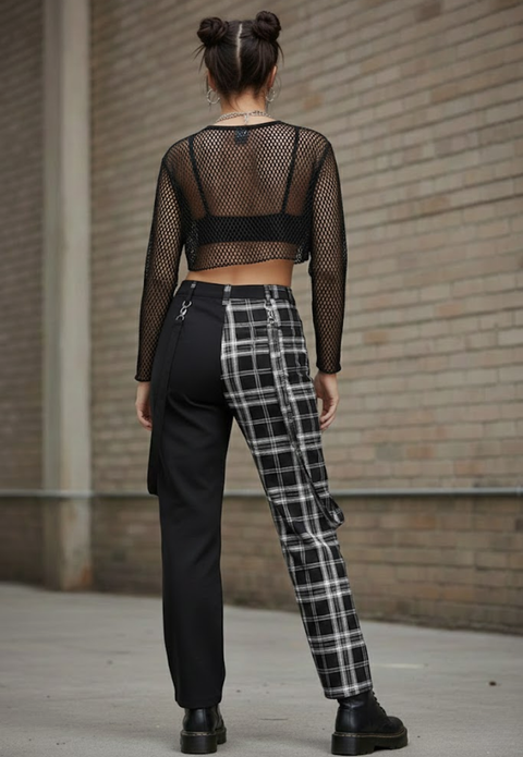 Pantalon utilitaire à carreaux style gothique fusion