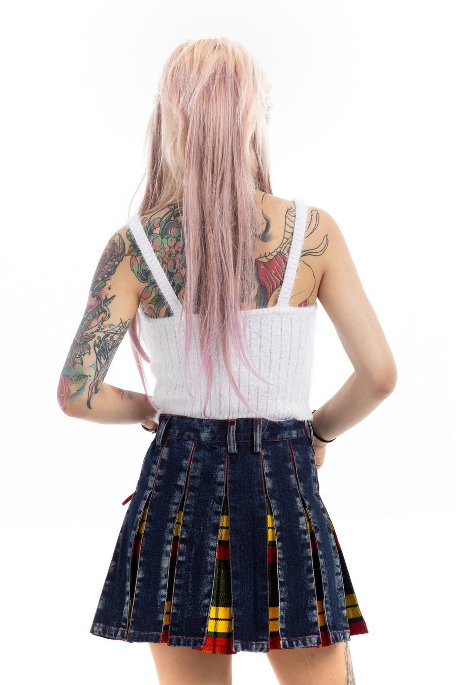 Mini denim with tartan skirt - Back view