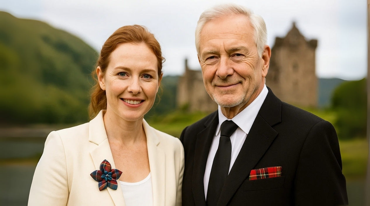 Broches et pochette à carreaux écossais