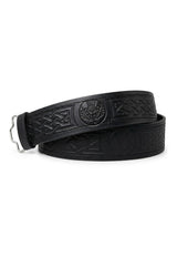 Black Leather Thistle Embossed Kilt Belt - Velcro Adjustable
