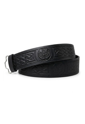 Ceinture de kilt en relief chardon en cuir noir - réglable par velcro