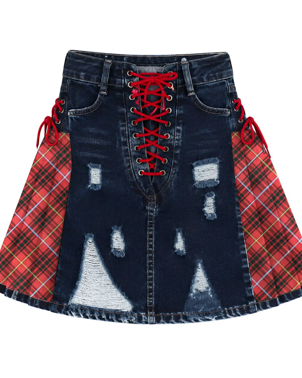Bruce Ripped Stylish Mini Denim Tartan Skirt - Box Pleats