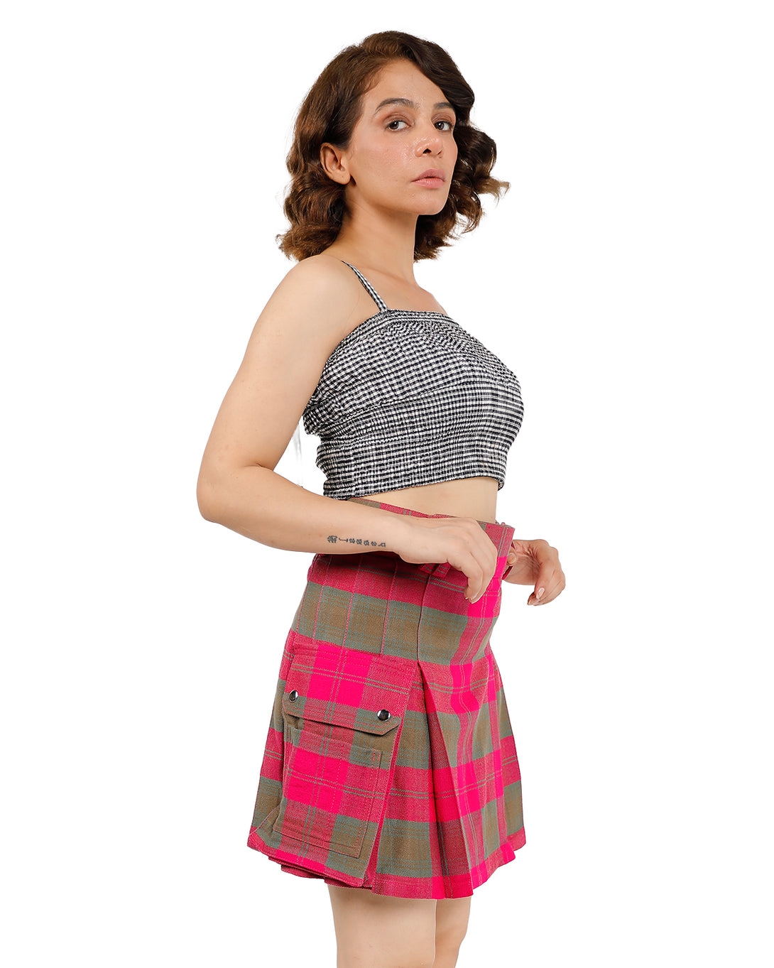 Pleated Plaid Utility Mini Skirt