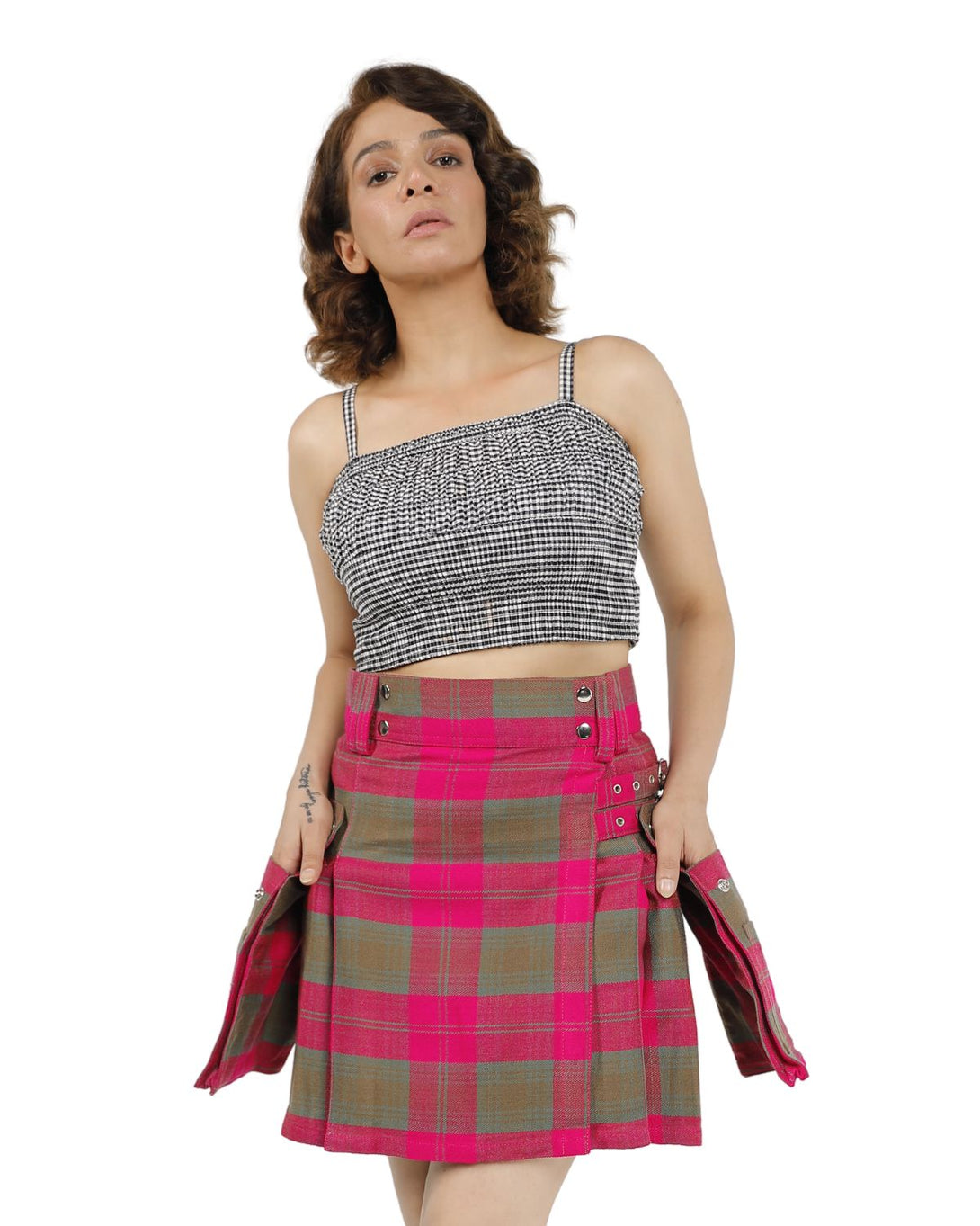 Pleated Plaid Utility Mini Skirt