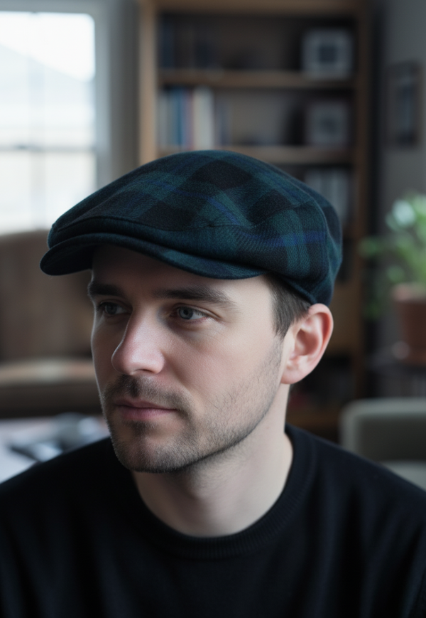 Casquette plate à carreaux boutonnée