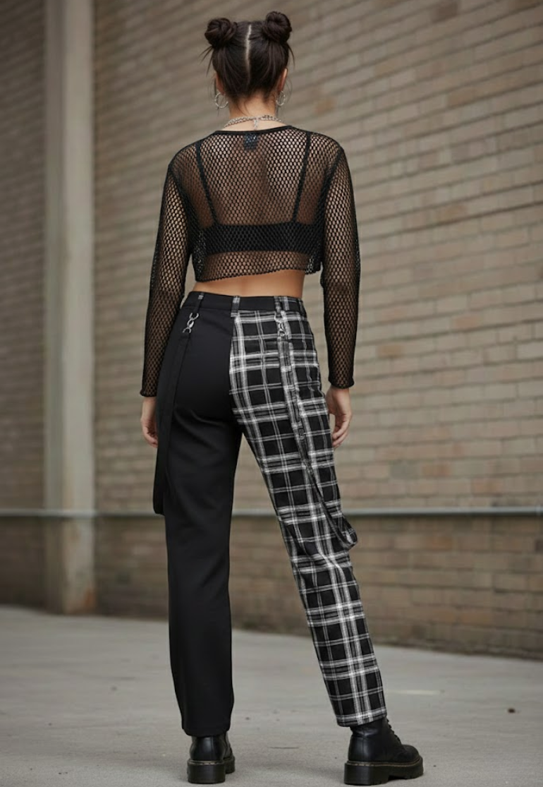 Pantalon utilitaire à carreaux style gothique fusion