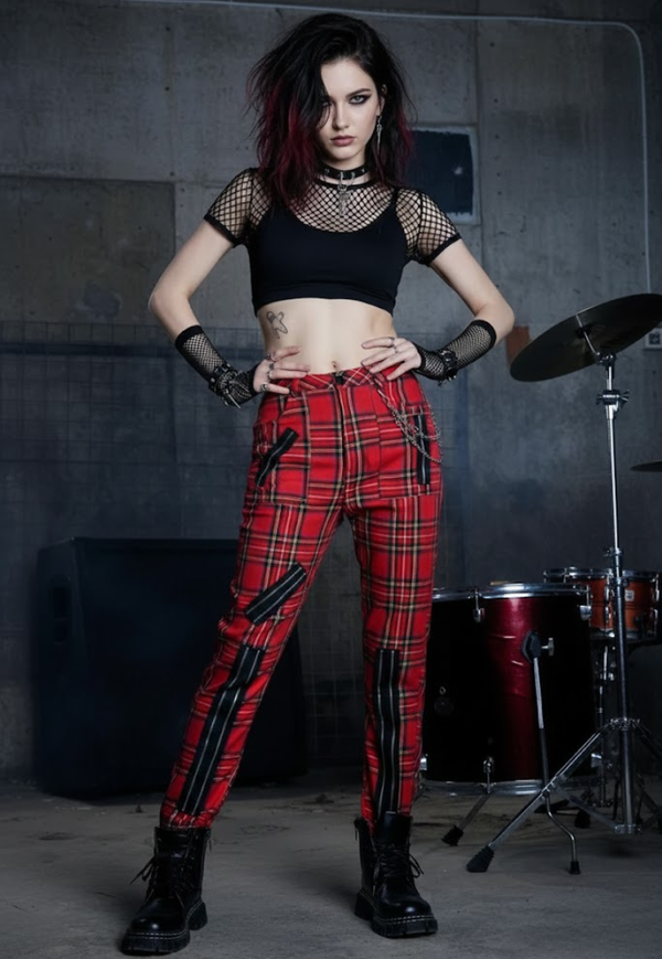 Pantalon à carreaux style grunge punk à fermeture éclair