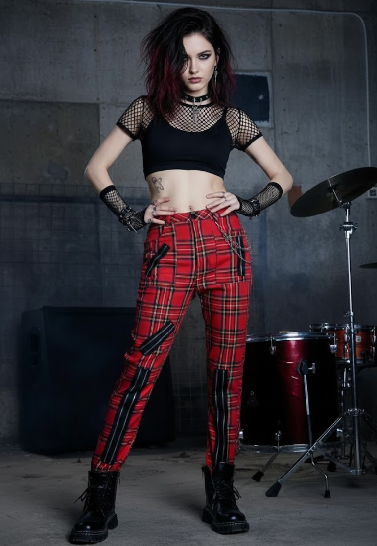 Pantalon à carreaux style grunge punk à fermeture éclair