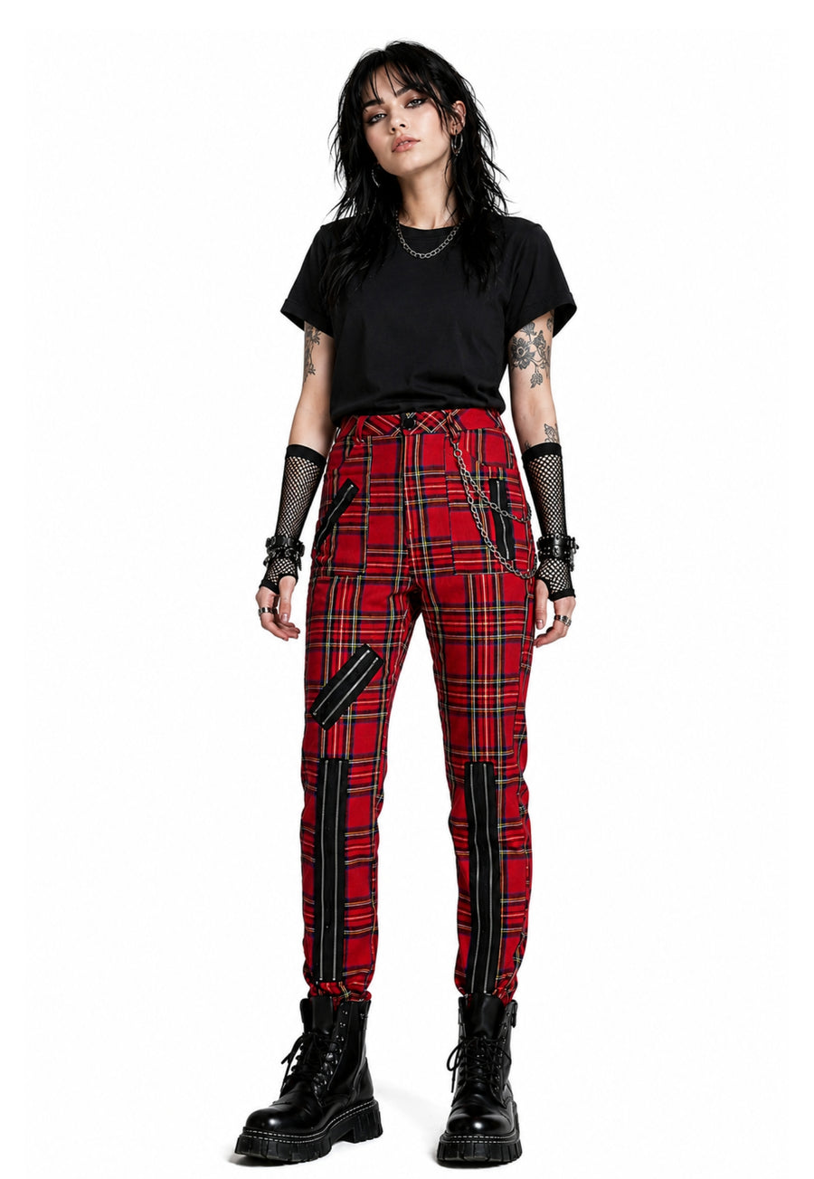 Pantalon à carreaux style grunge punk à fermeture éclair