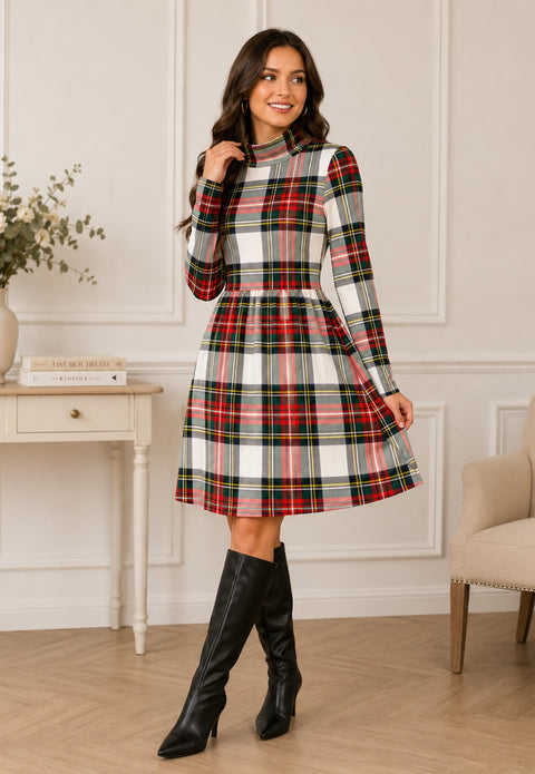 High Neck Plaid Dress
