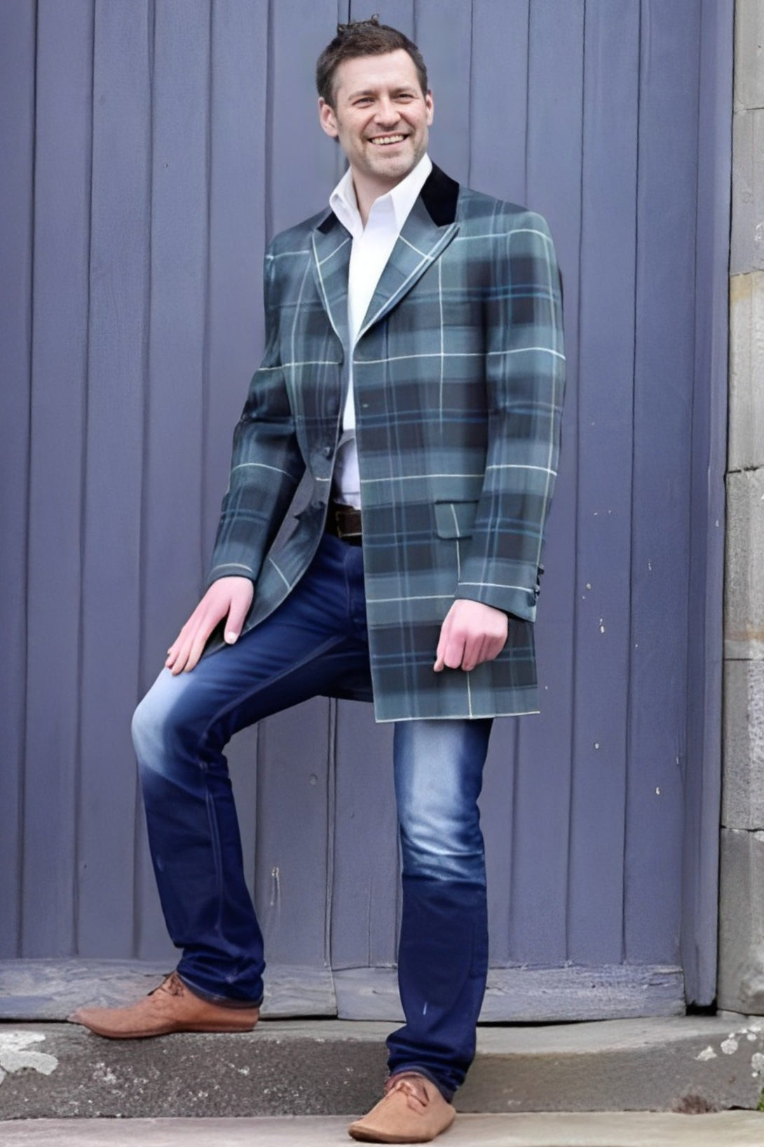 Men's Mid-Thigh Length Tartan Jacket - Left