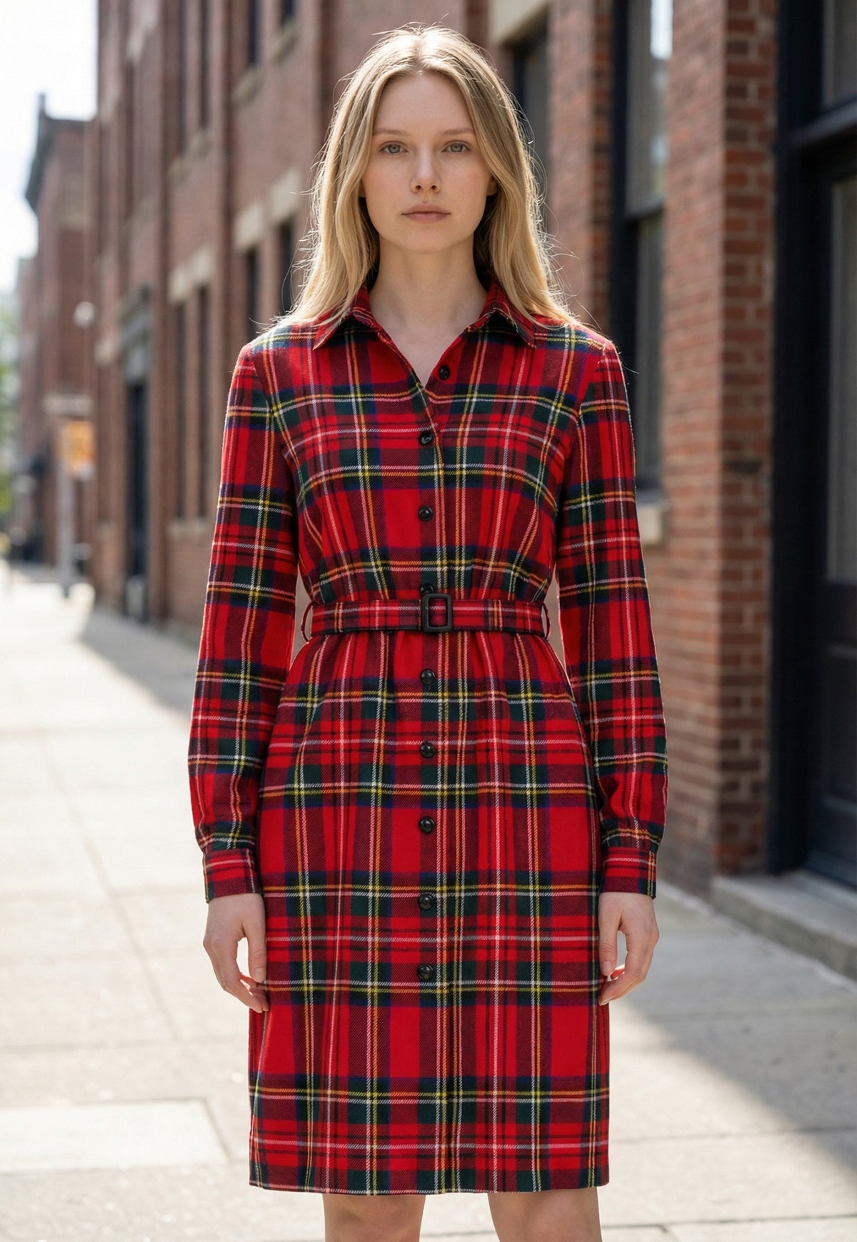 long plaid shirt dress Button-Front color:red maroon dress back charm and effortless Eliza J Dresses |