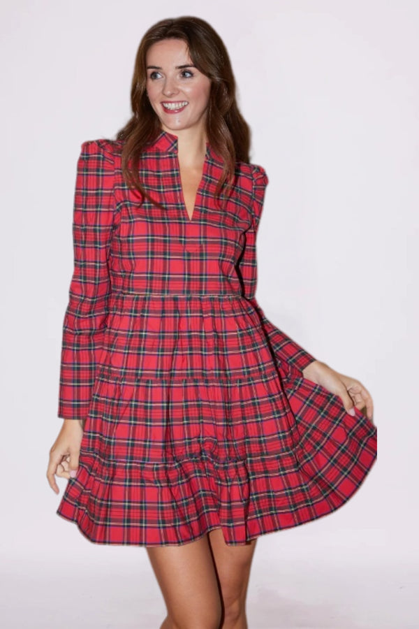 Tartan V-Neck Tunic Ruffle Dress