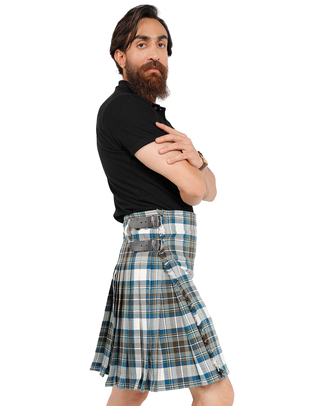 Side view of Steward Blue Dress Bespoke kilt