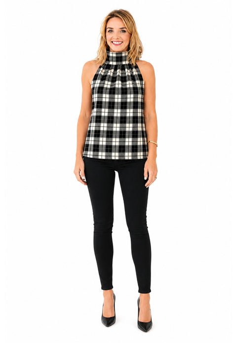 Tartan Sleeveless Cowl Neck Button Back Top