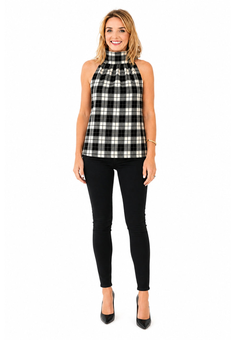 Tartan Sleeveless Cowl Neck Button Back Top