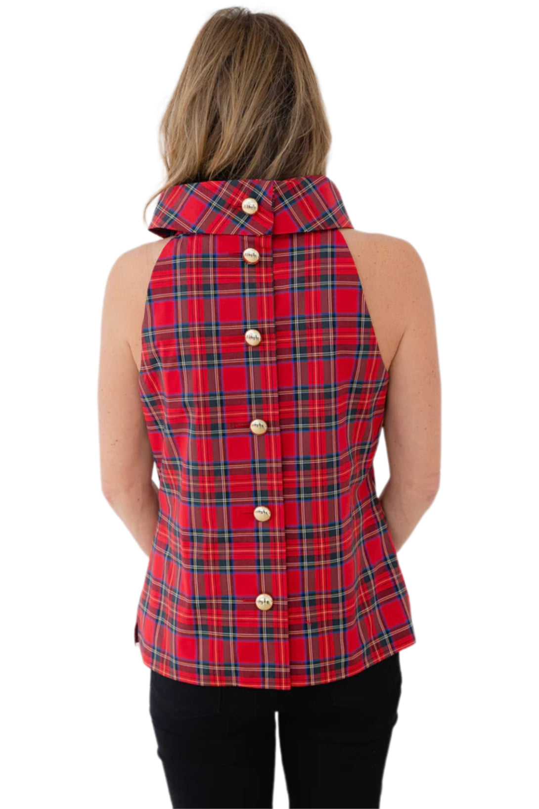 Tartan Sleeveless Cowl Neck Button Back Top - Back