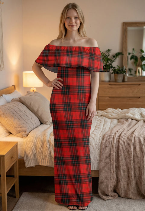 Robe longue à carreaux et épaules dénudées pour femme