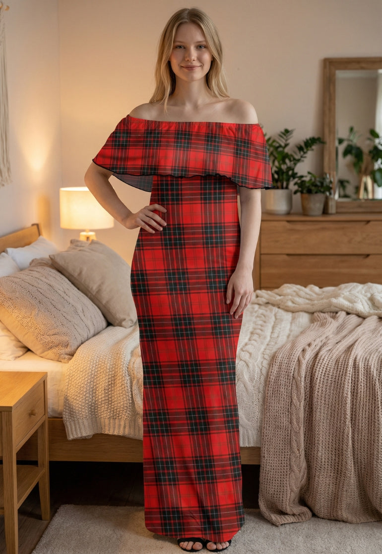 Robe longue à carreaux et épaules dénudées pour femme