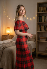 Robe longue à carreaux et épaules dénudées pour femme