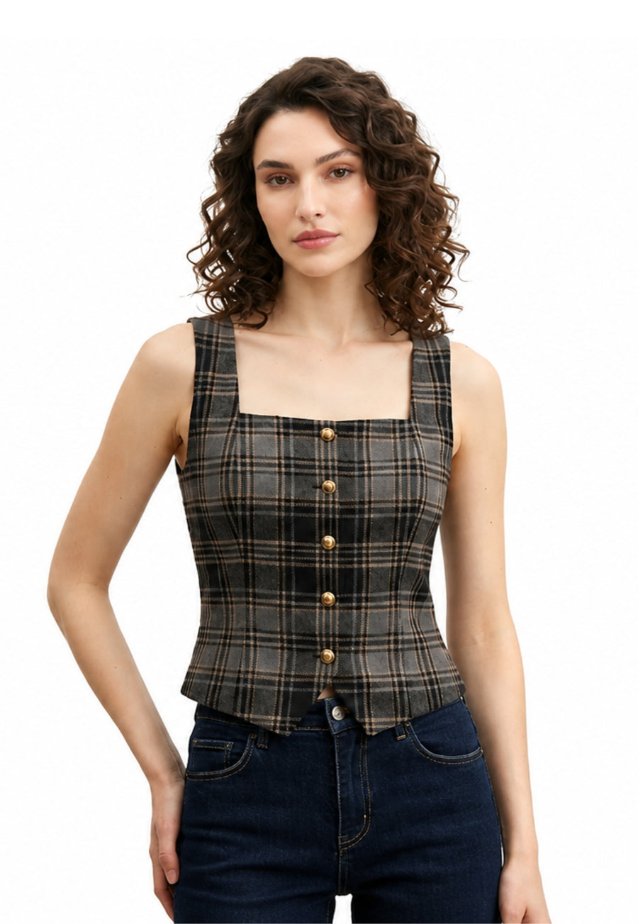 Square Neck Plaid Tailored Vest