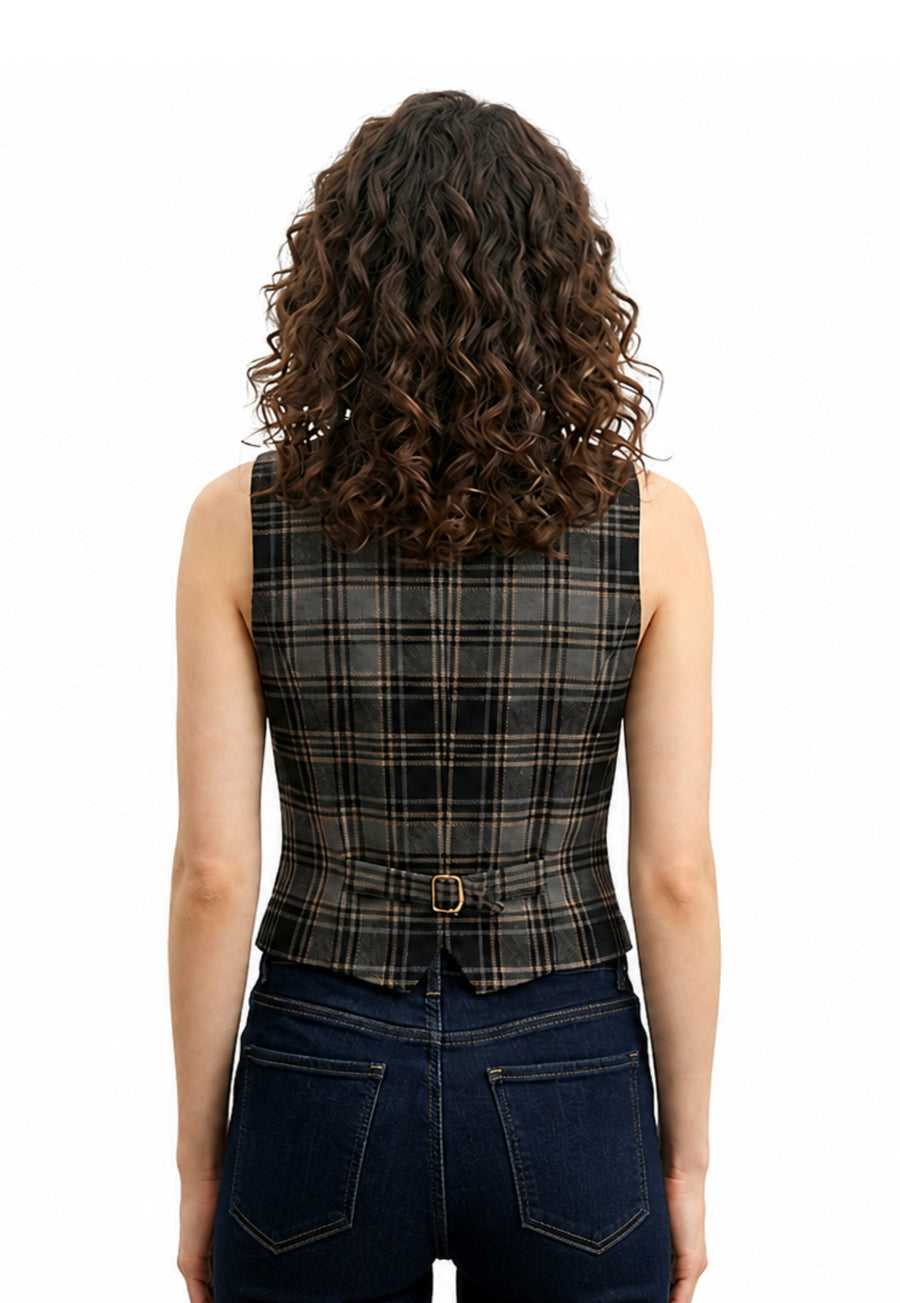 Square Neck Plaid Tailored Vest