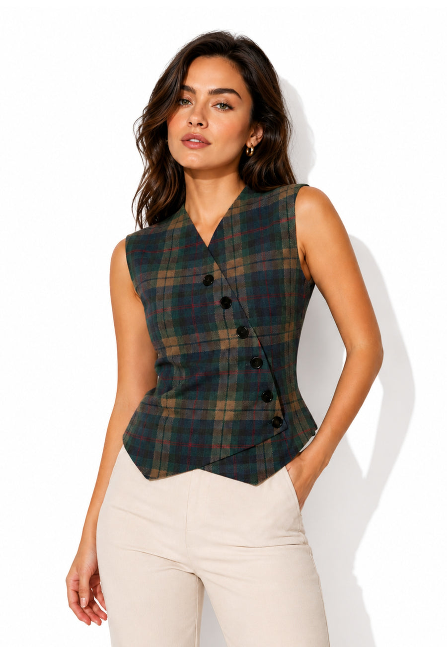 Wrap Button-Front Plaid Vest