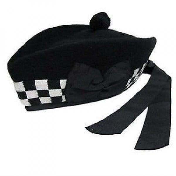 Black White Glengarry with Black Pompom Wool Scottish Kilt Hat Highland Wear