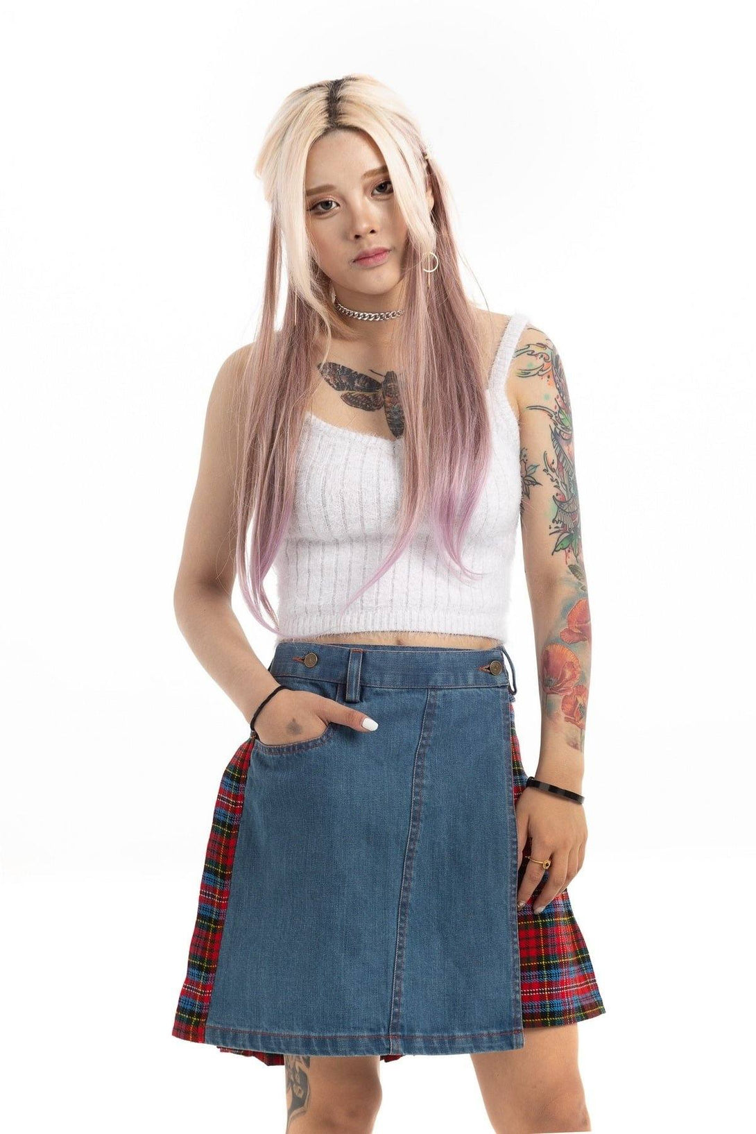 Denim Skirt With Tartan Pleats