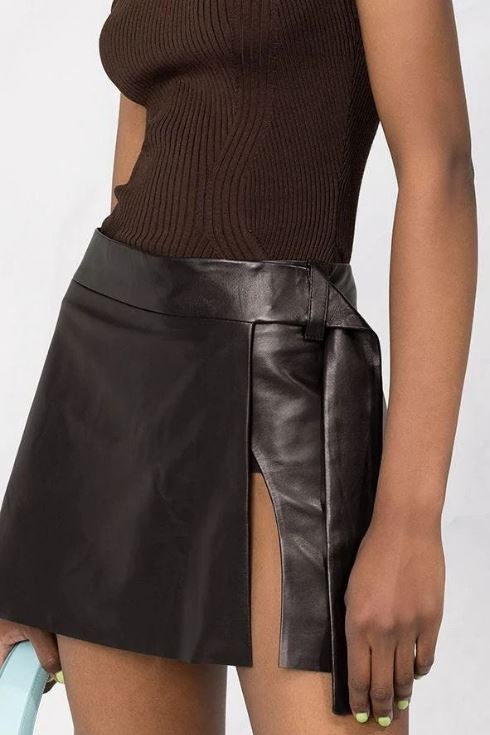 Split Front Leather Mini Skirt