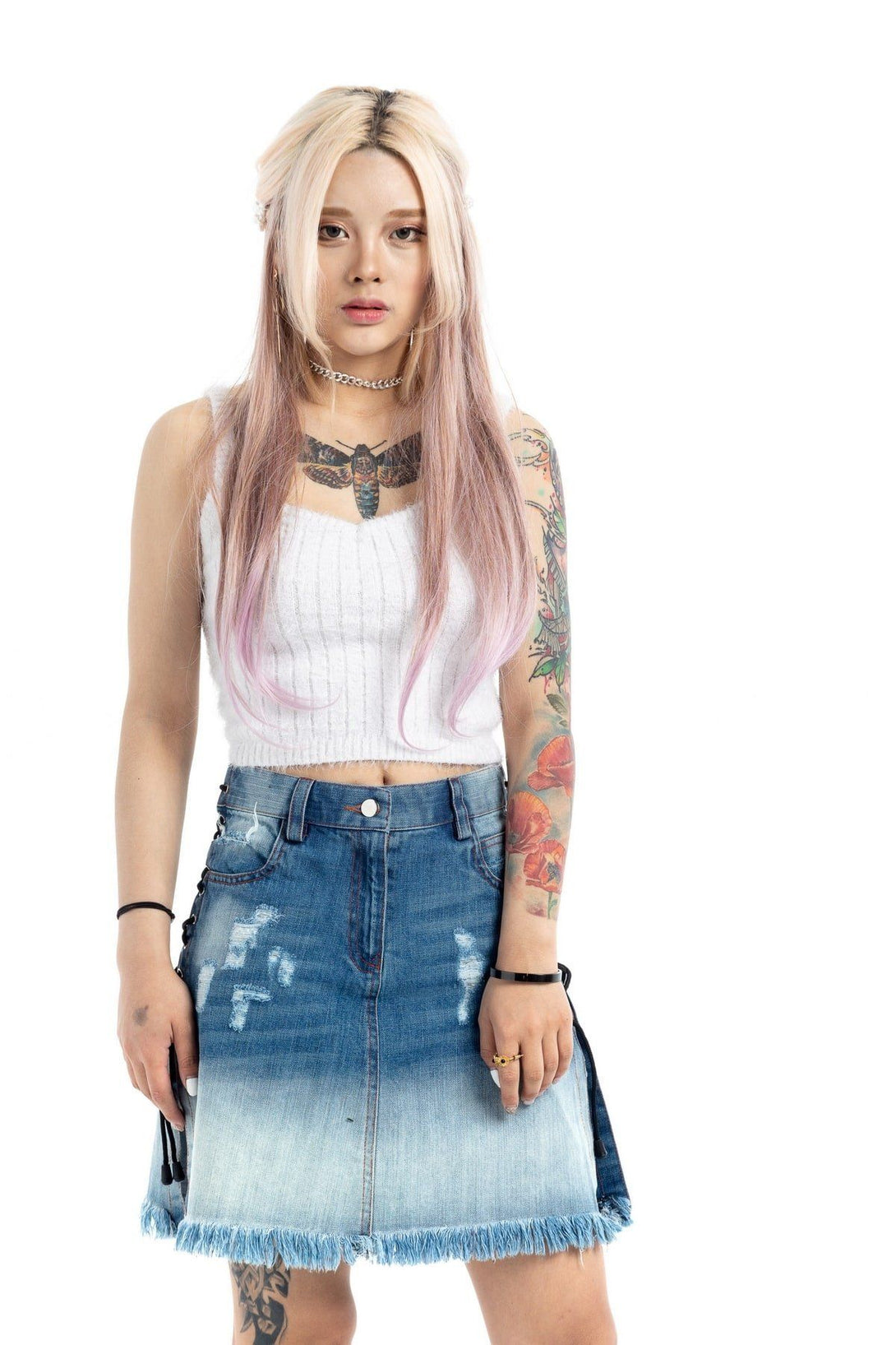 Lace Up Ripped Mini Denim Skirt