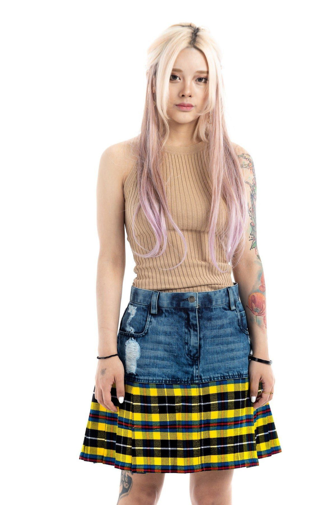 Straight Mini Denim Tartan Skirt