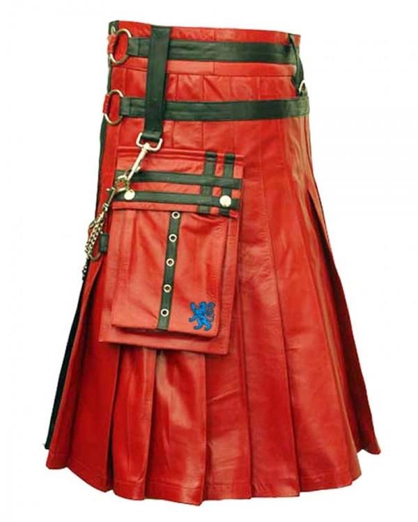 Red & Black Leather Fashion Kilt Left Pocket