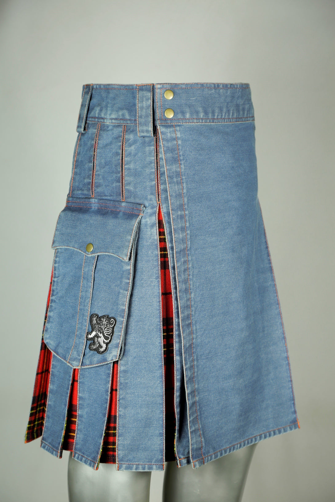 Washed Denim Tartan Kilt - Left Side View