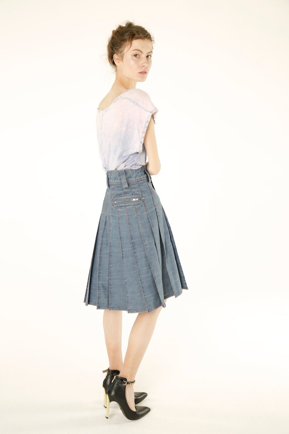 Women Denim Pleated Long Skirt