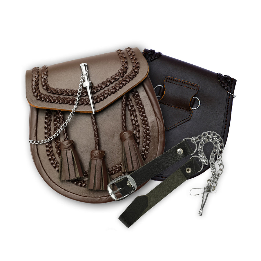 Brown Leather Braided Pin Lock Sporran